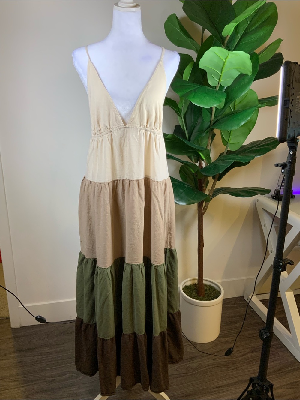 Millibon Tiered Maxi Dress in Cream, Tan, Olive, and Brown